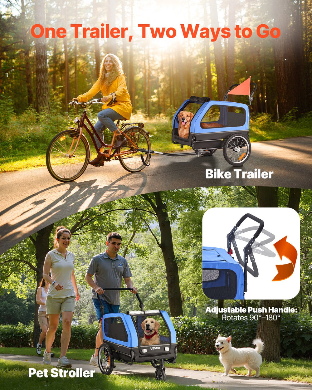 VEVOR Dog Bike Trailer, Supports up to 88 lbs, 2-in-1 Pet Stroller Cart Bicycle Carrier for Small & Large Dogs, Easy Folding Frame with Quick Release Wheel, Universal Bicycle Coupler, Internal Leash