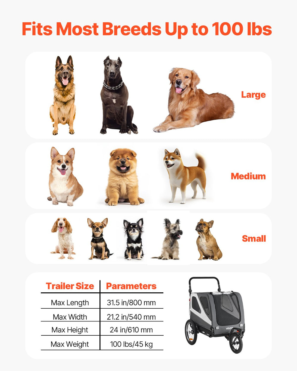 VEVOR Dog Bike Trailer, Supports up to 100 lbs, 2-in-1 Pet Stroller Cart Bicycle Carrier for Small & Large Dogs, Easy Folding Frame with Quick Release Wheel, Universal Bicycle Coupler, Internal Leash