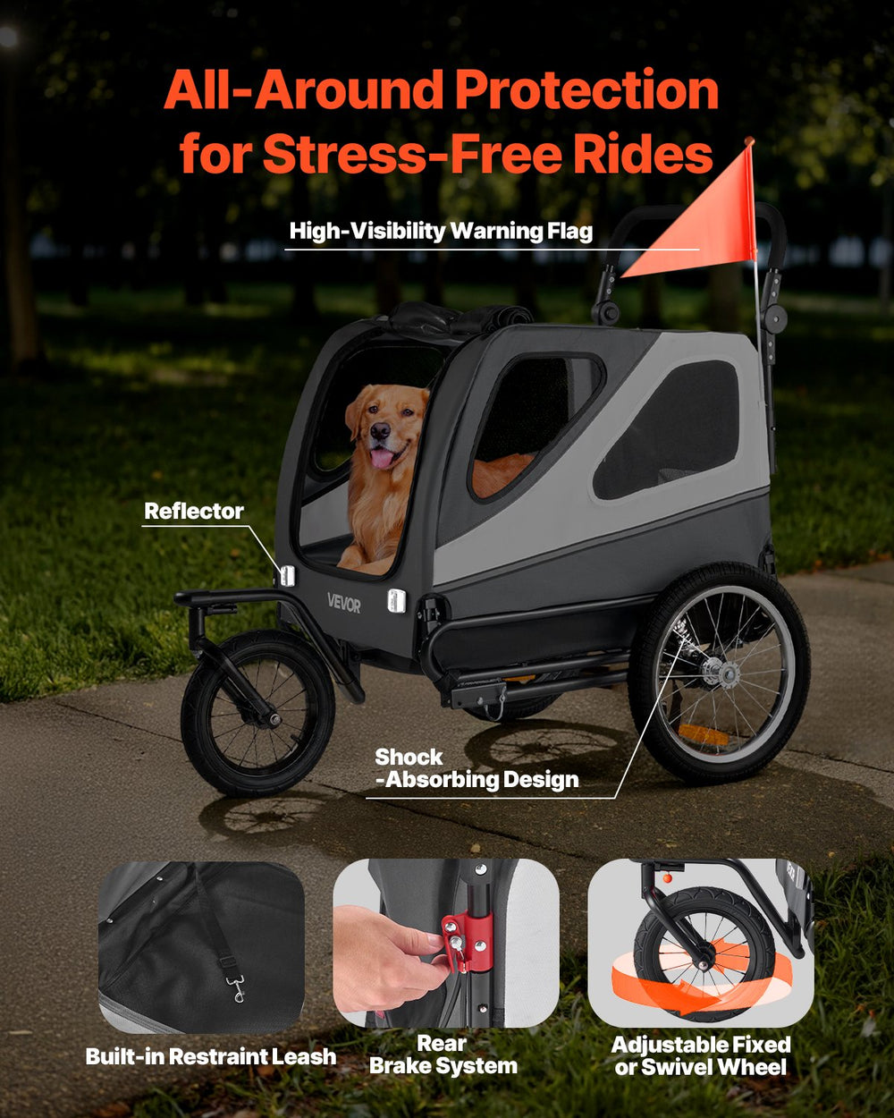 VEVOR Dog Bike Trailer, Supports up to 100 lbs, 2-in-1 Pet Stroller Cart Bicycle Carrier for Small & Large Dogs, Easy Folding Frame with Quick Release Wheel, Universal Bicycle Coupler, Internal Leash
