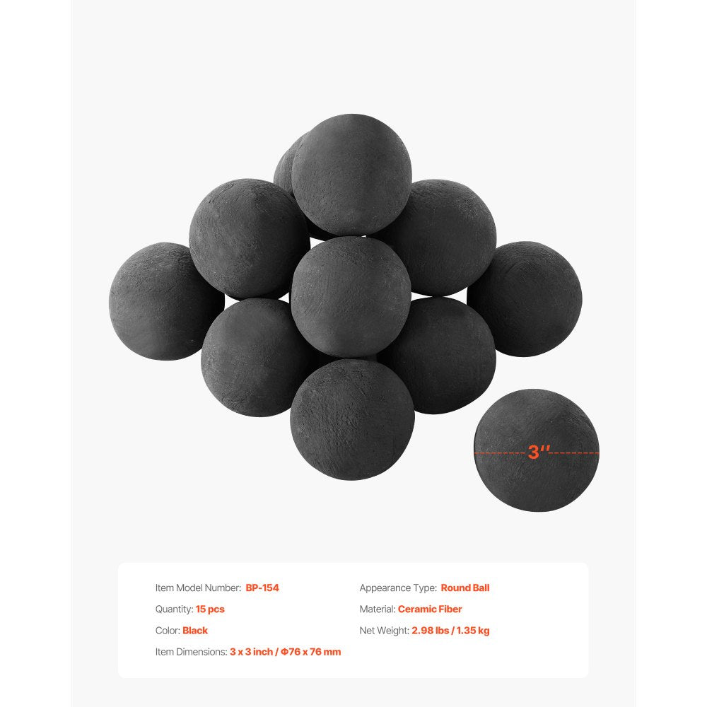 VEVOR Ceramic Fire Balls, 3 Inch 15 Pcs Round Fire Stones, Reusable Lava Rocks Indoor and Outdoor Use, Decorative Fire Pit Rocks for Propane/Gas Fireplace, Stove, Courtyard, Camping, Black