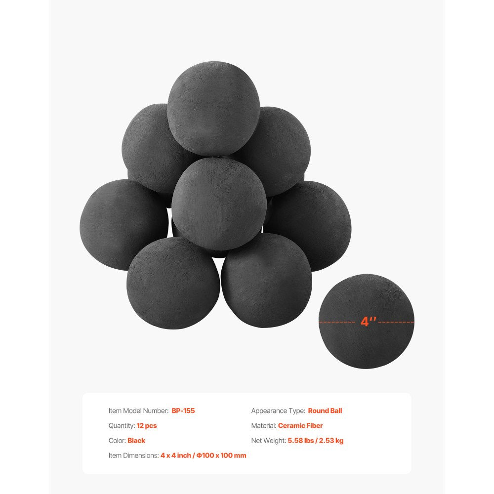 VEVOR Ceramic Fire Balls, 4 Inch 12 Pcs Round Fire Stones, Reusable Lava Rocks Indoor and Outdoor Use, Decorative Fire Pit Rocks for Propane/Gas Fireplace, Stove, Courtyard, Camping, Black