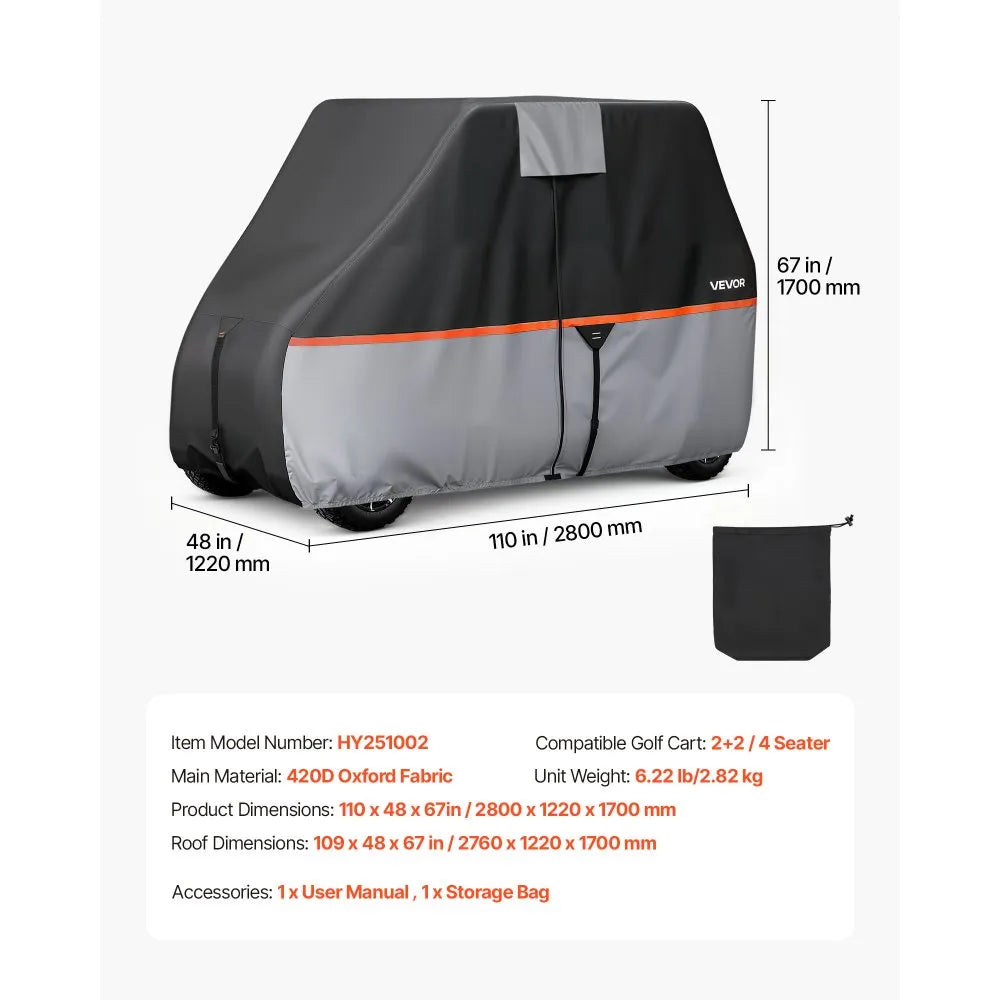 VEVOR Golf Cart Cover, Full Coverage 2+2/4 Passenger Golf Cart, 420D Waterproof Oxford Fabric Club Car Cover Fits Most Carts Club Car, Yamaha, EZGO, Honda, Silver-Coated Layer & Three Zipper Doors