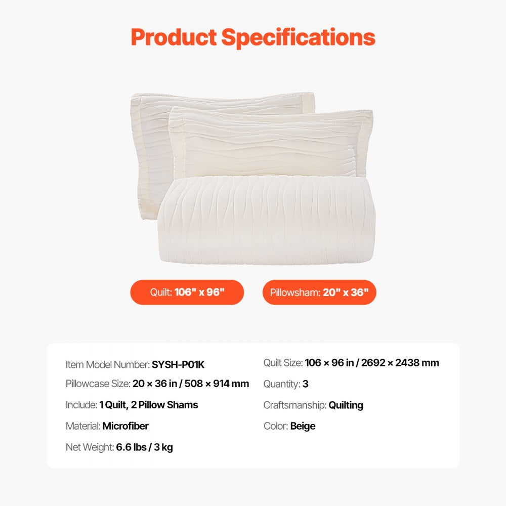 VEVOR King Quilt Set, 3-Piece Lightweight Comforter, Microfiber King Size Bedding Set, Beige Bedspreads with 1 Quilt and 2 Pillow Shams, Lightweight Bedspread Coverlet Bedding Set, for All Season