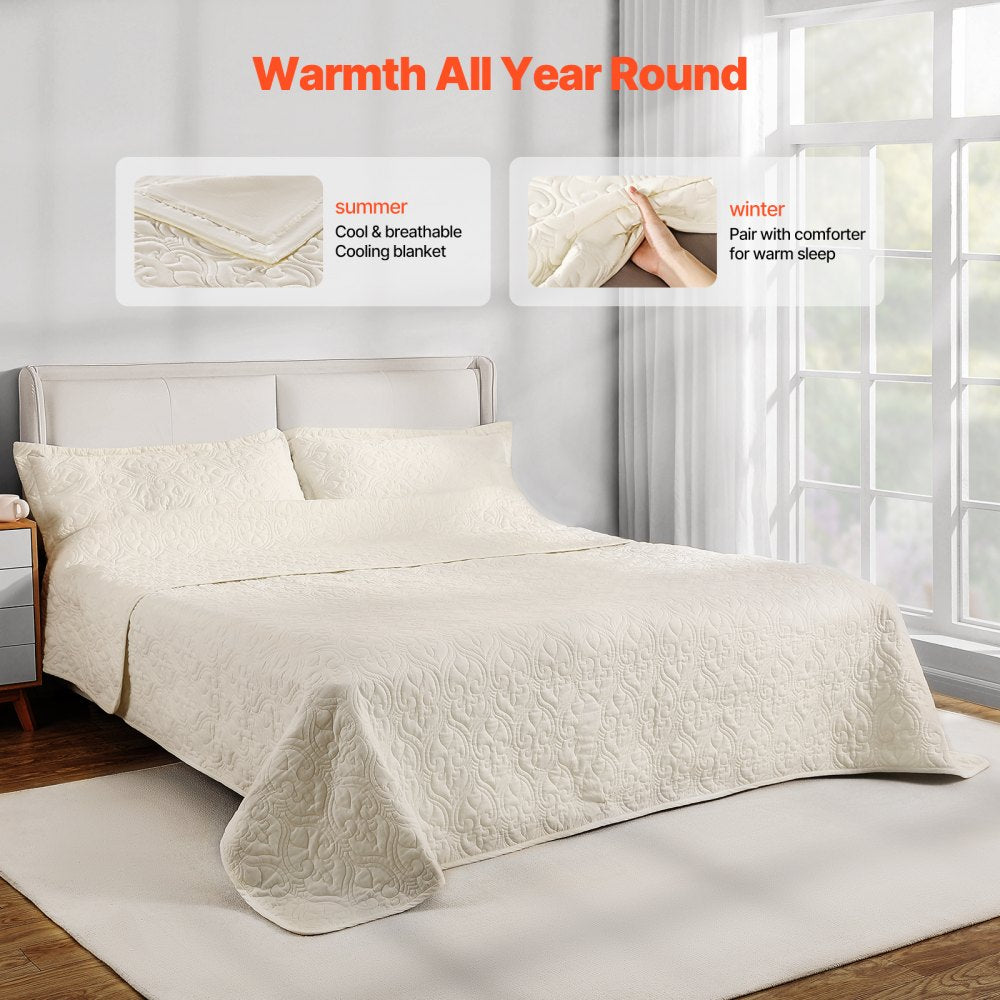 VEVOR King Quilt Set, 3-Piece Lightweight Comforter, Cotton King Size Quilt Bedding Set, Beige Bedspreads with 1 Quilt and 2 Pillow Shams, Lightweight Bedspread Coverlet Bedding Set, for All Season
