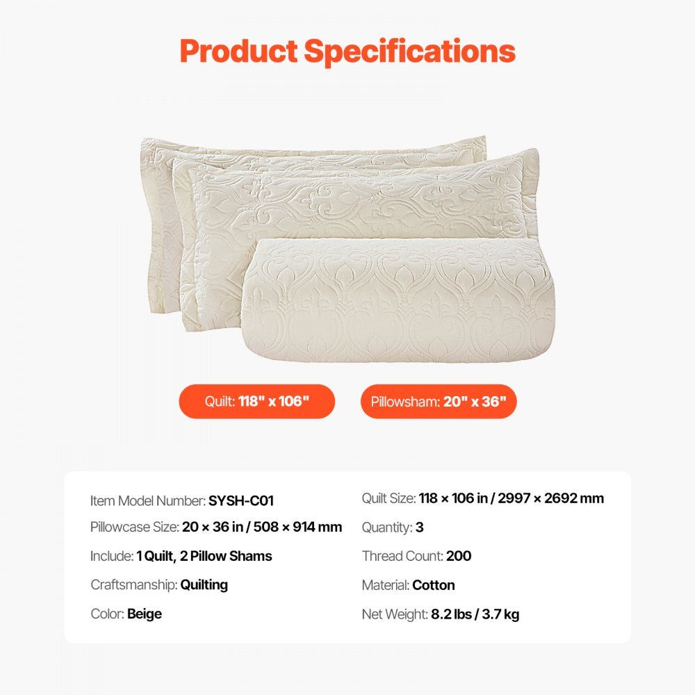 VEVOR King Quilt Set, 3-Piece Lightweight Comforter, Cotton King Size Quilt Bedding Set, Beige Bedspreads with 1 Quilt and 2 Pillow Shams, Lightweight Bedspread Coverlet Bedding Set, for All Season