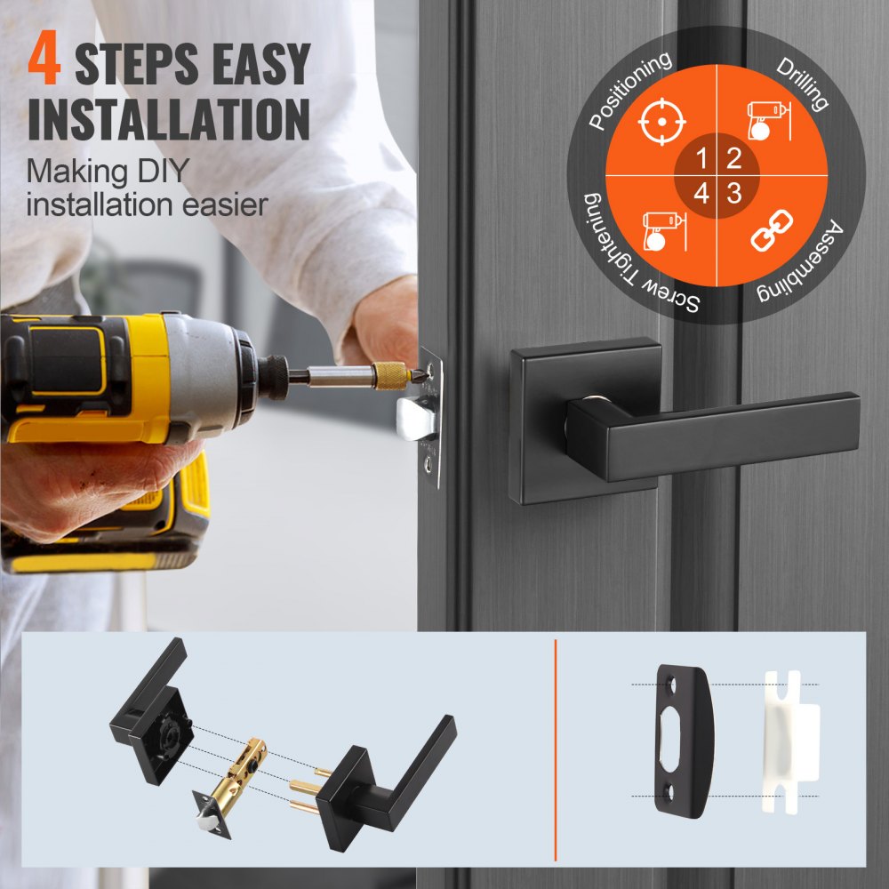 VEVOR Passage Door Handle, 1 Pack Matte Black Door Lever, Left or Right Handing Reversible Lever Non-Locking, 45° Rotation to Open, Universal Square Interior for Hallways, Closets, Meeting Spaces