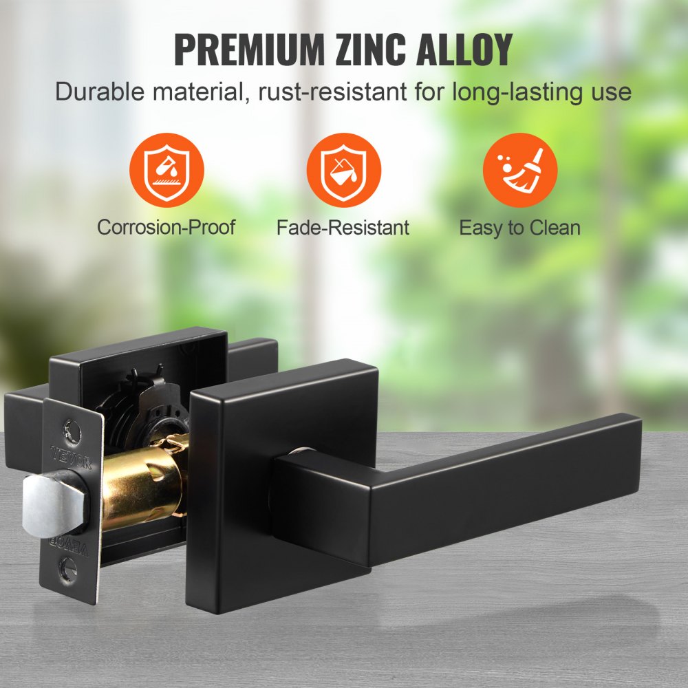 VEVOR Passage Door Handle, 1 Pack Matte Black Door Lever, Left or Right Handing Reversible Lever Non-Locking, 45° Rotation to Open, Universal Square Interior for Hallways, Closets, Meeting Spaces