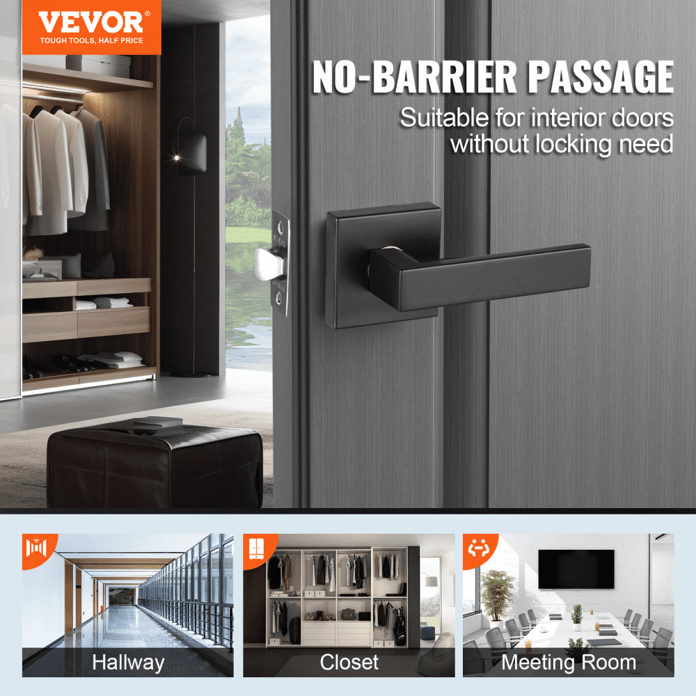 VEVOR Passage Door Handle, 5 Pack Matte Black Door Lever, Left or Right Handing Reversible Lever Non-Locking, 45° Rotation to Open, Universal Square Interior for Hallways, Closets, Meeting Spaces