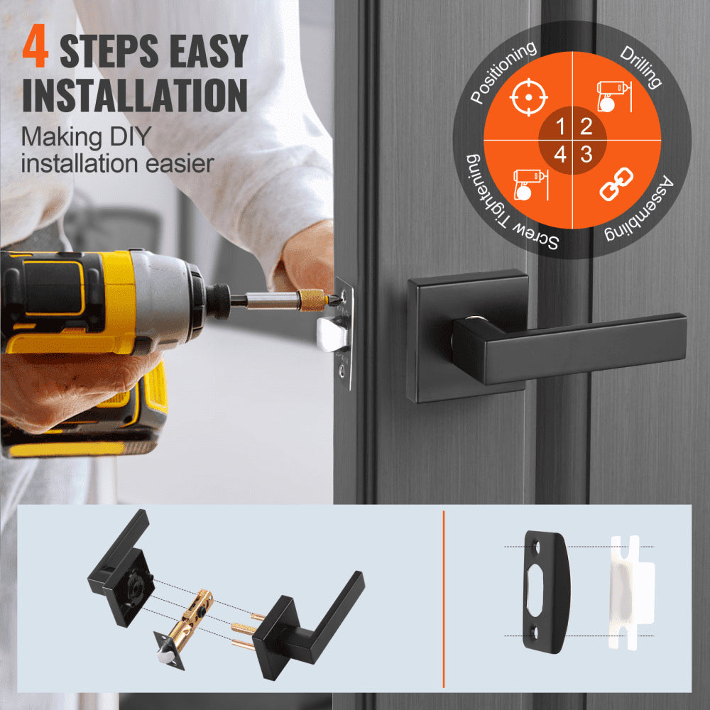 VEVOR Passage Door Handle, 6 Pack Matte Black Door Lever, Left or Right Handing Reversible Lever Non-Locking, 45° Rotation to Open, Universal Square Interior for Hallways, Closets, Meeting Spaces