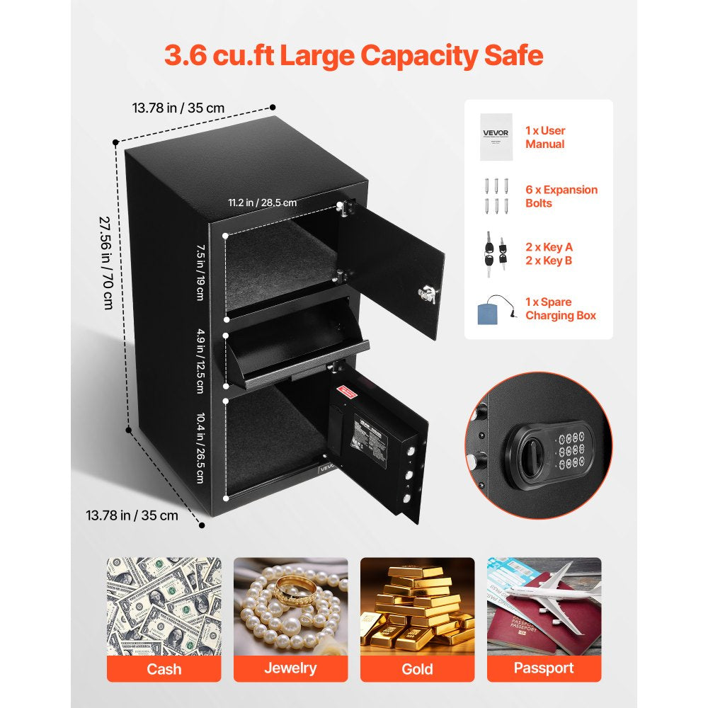 VEVOR 3.6 Cubic Feet Drop Safe, Large Capacity Front Drop Slot Safe Box with Digital Keypad, Heavy Duty 3 Tiers Cash Depository Box with Spare Keys for Cash, Bank Slip, Jewelry, Document, Bill, Black