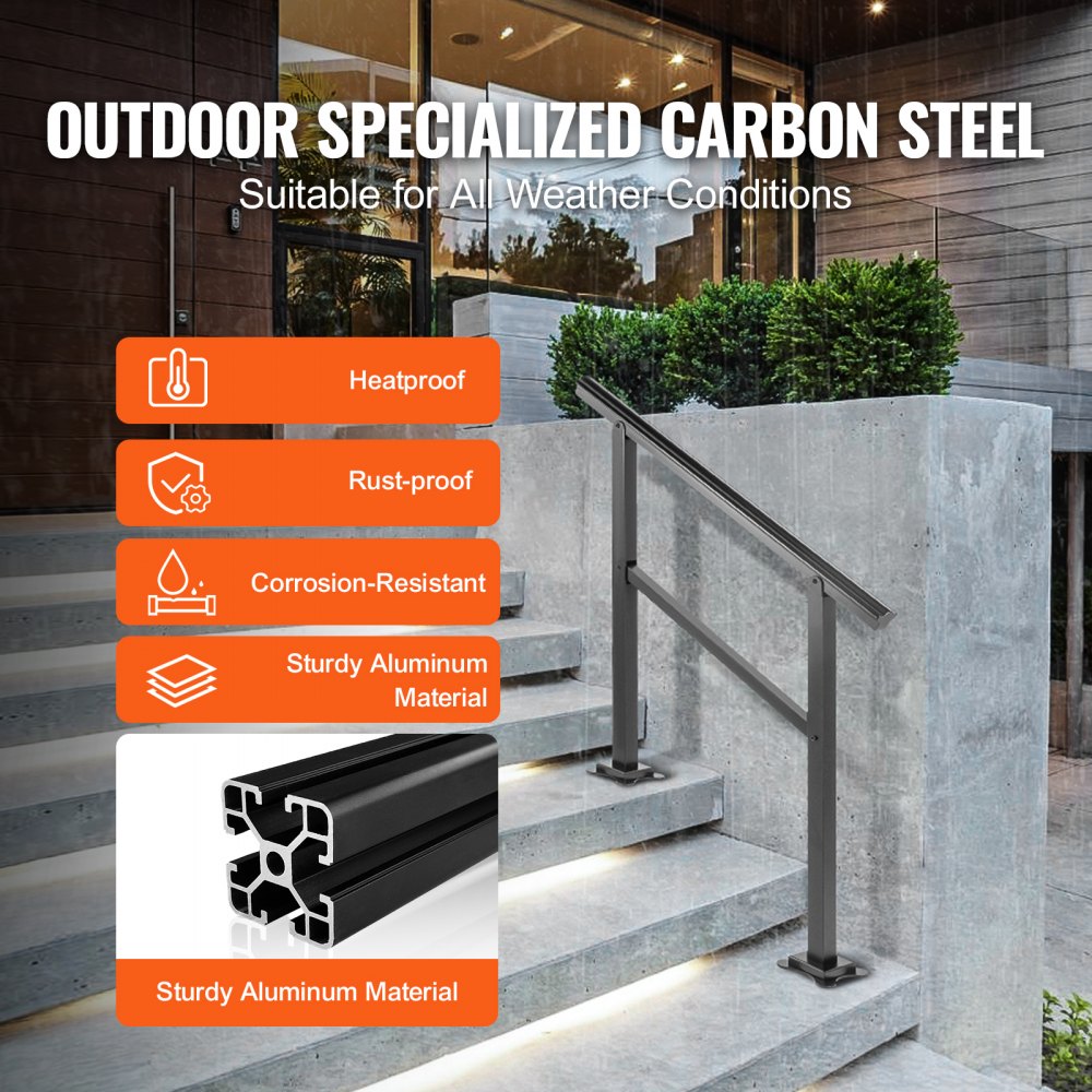 VEVOR Outdoor Handrail 165LBS Load Handrail Outdoor Stairs Aluminum Stair Handrail 36 x 35\" Outdoor Stair Railing Transitional Range from 0 to 30° Staircase Handrail Fits 2-3 Steps with Screw Kit