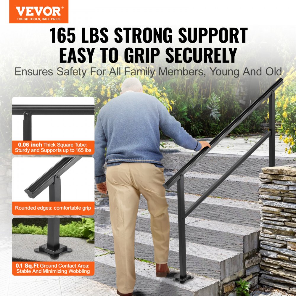 VEVOR Outdoor Handrail 165LBS Load Handrail Outdoor Stairs Aluminum Stair Handrail 60 x 35" Outdoor Stair Railing Transitional Range from 0 to 30° Staircase Handrail Fits 4-5 Steps with Screw Kit