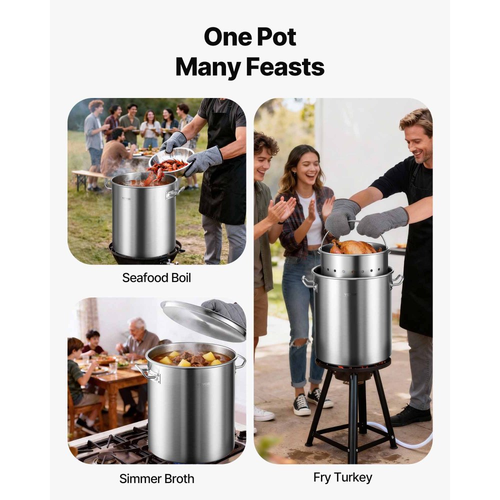VEVOR Stainless Steel Stockpot, 42 Quart Large Cooking Pots, Cookware Sauce Pot with Basket, Lid, and Handle, Heavy Duty Commercial Grade Stock Pot, Sanding Treatment, for Large Groups Events Silver
