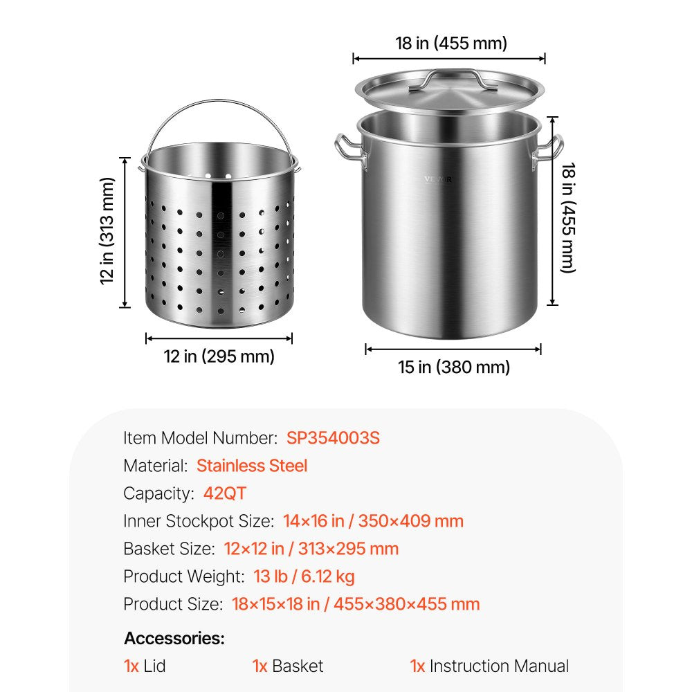 VEVOR Stainless Steel Stockpot, 42 Quart Large Cooking Pots, Cookware Sauce Pot with Basket, Lid, and Handle, Heavy Duty Commercial Grade Stock Pot, Sanding Treatment, for Large Groups Events Silver