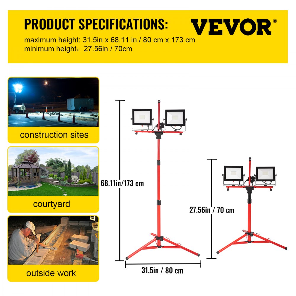 VEVOR LED Work Light with Stand, 10000 Lumen Dual-head LED Work Light with 27.6\"-68.1\" Adjustable and Foldable Tripod Stand, IP65 Waterproofed LED Tripod Work Light, with 5000 Kelvin Color Temperatu