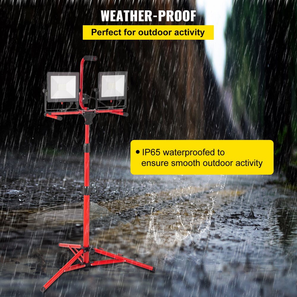 VEVOR LED Work Light with Stand, 20000 Lumen Dual-head LED Work Light with 27.6\"-68.1\" Adjustable and Foldable Tripod Stand, IP65 Waterproofed LED Tripod Work Light, with 5000 Kelvin Color Temperatu