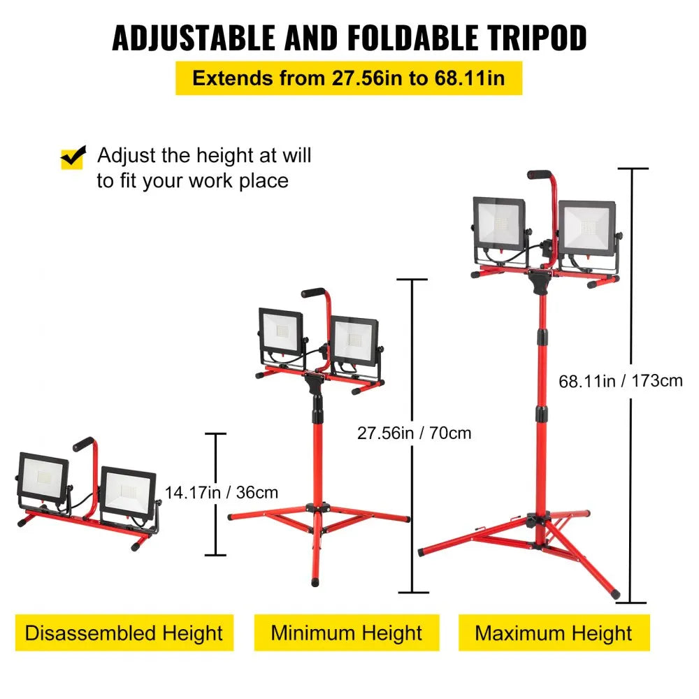 VEVOR LED Work Light with Stand, 20000 Lumen Dual-head LED Work Light with 27.6\"-68.1\" Adjustable and Foldable Tripod Stand, IP65 Waterproofed LED Tripod Work Light, with 5000 Kelvin Color Temperatu