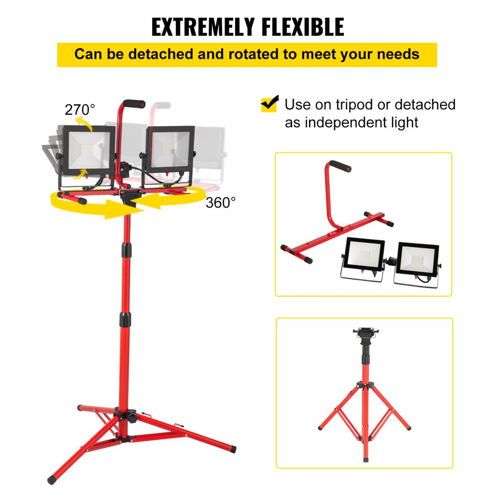VEVOR LED Work Light with Stand, 20000 Lumen Dual-head LED Work Light with 27.6\"-68.1\" Adjustable and Foldable Tripod Stand, IP65 Waterproofed LED Tripod Work Light, with 5000 Kelvin Color Temperatu