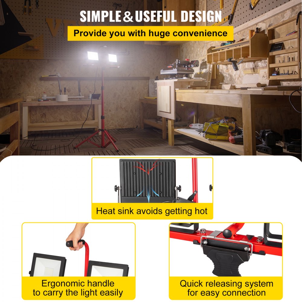 VEVOR LED Work Light with Stand, 20000 Lumen Dual-head LED Work Light with 27.6\"-68.1\" Adjustable and Foldable Tripod Stand, IP65 Waterproofed LED Tripod Work Light, with 5000 Kelvin Color Temperatu