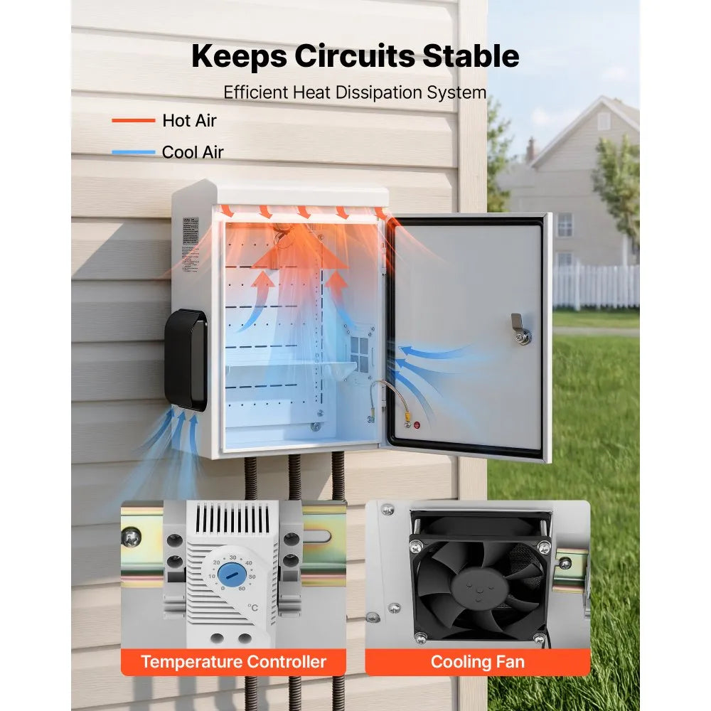 VEVOR Outdoor Electrical Box, Cold-Rolled Steel, Electrical Junction Box with Thermostat and Fan, Rain Hood, Ventilated Design, IP65 Waterproof Hinged Enclosure, Wall/Pole Mounted, 20 x 16 x 8 in