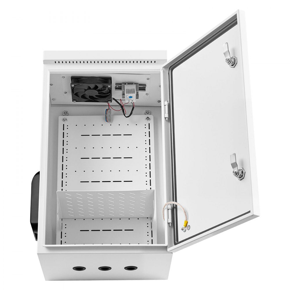 VEVOR Outdoor Electrical Box, Cold-Rolled Steel, Electrical Junction Box with Thermostat and Fan, Rain Hood, Ventilated Design, IP65 Waterproof Hinged Enclosure, Wall/Pole Mounted, 24 x 16 x 12 in