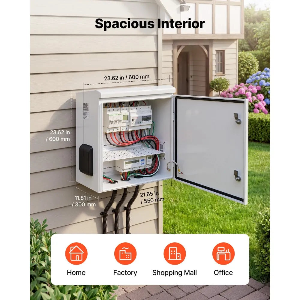 VEVOR Outdoor Electrical Box, Cold-Rolled Steel, Electrical Junction Box with Thermostat and Fan, Rain Hood, Ventilated Design, IP65 Waterproof Hinged Enclosure, Wall/Pole Mounted, 24 x 24 x 12 in