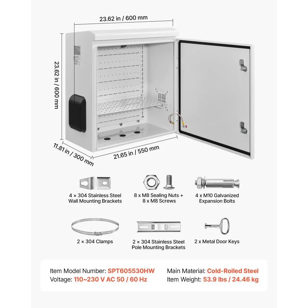 VEVOR Outdoor Electrical Box, Cold-Rolled Steel, Electrical Junction Box with Thermostat and Fan, Rain Hood, Ventilated Design, IP65 Waterproof Hinged Enclosure, Wall/Pole Mounted, 24 x 24 x 12 in