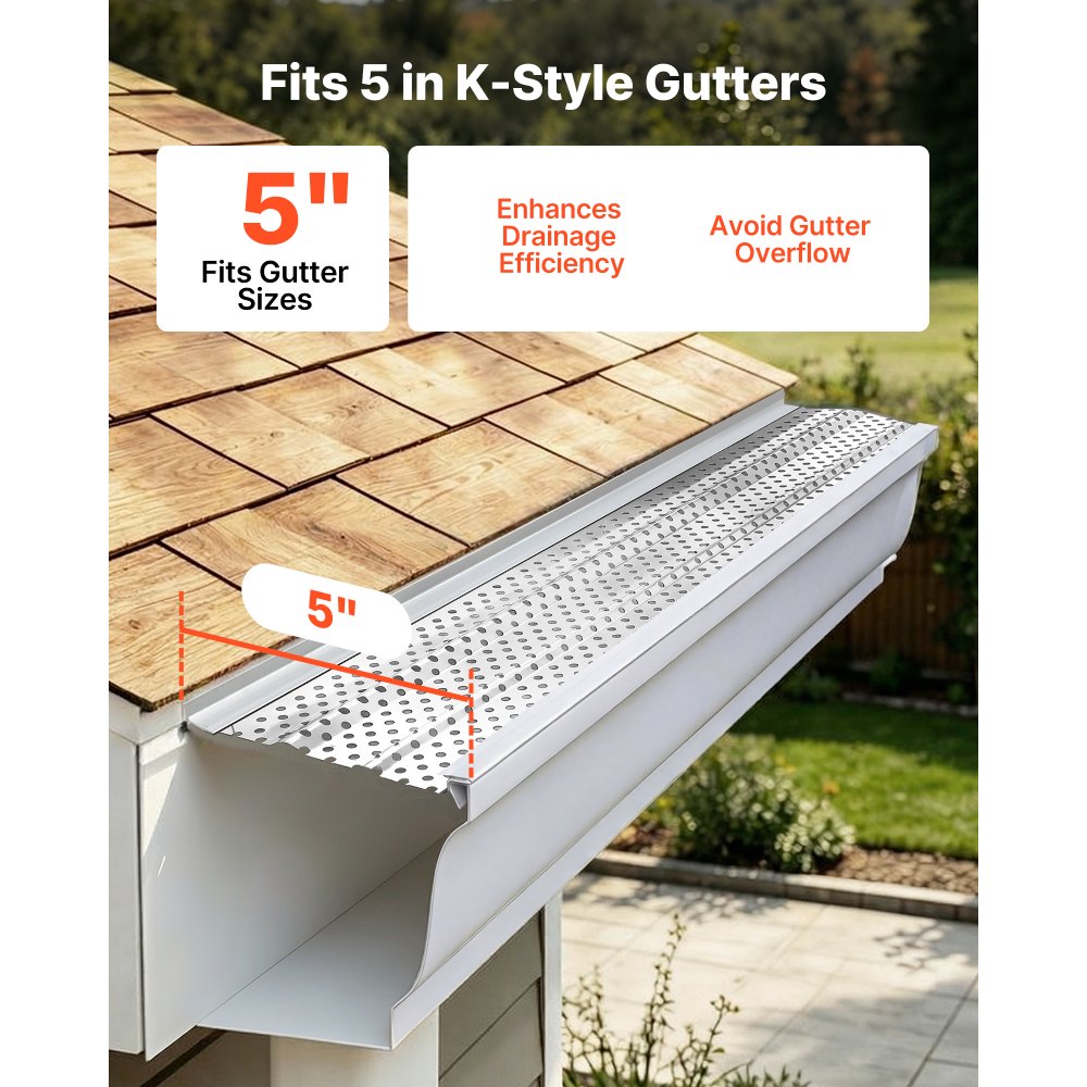 VEVOR Gutter Guard, 5 inch Aluminum Gutter Cover Heavy-Duty, 32ft Length Protection Cover for Leaf & Debris, 0.02 in Thickness Mill Finish, Easy DIY Install, Fast Drainage, Screws Included, 8 PCS