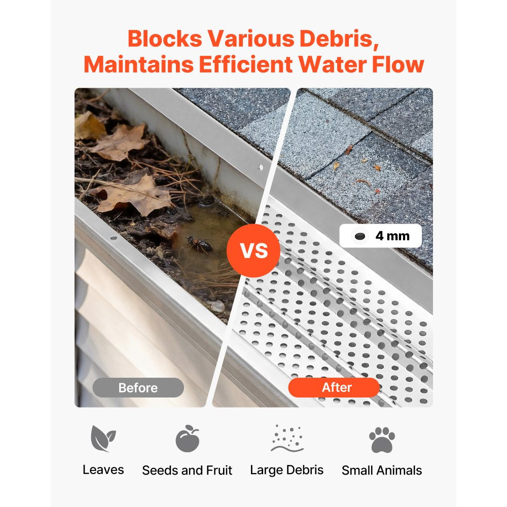 VEVOR Gutter Guard, 6 in Aluminum Gutter Cover Heavy-Duty, 52ft Length Protection Cover for Leaf & Debris, 0.02 in Thickness Mill Finish, Easy DIY Install, Fast Drainage, Screws Included, 13 PCS