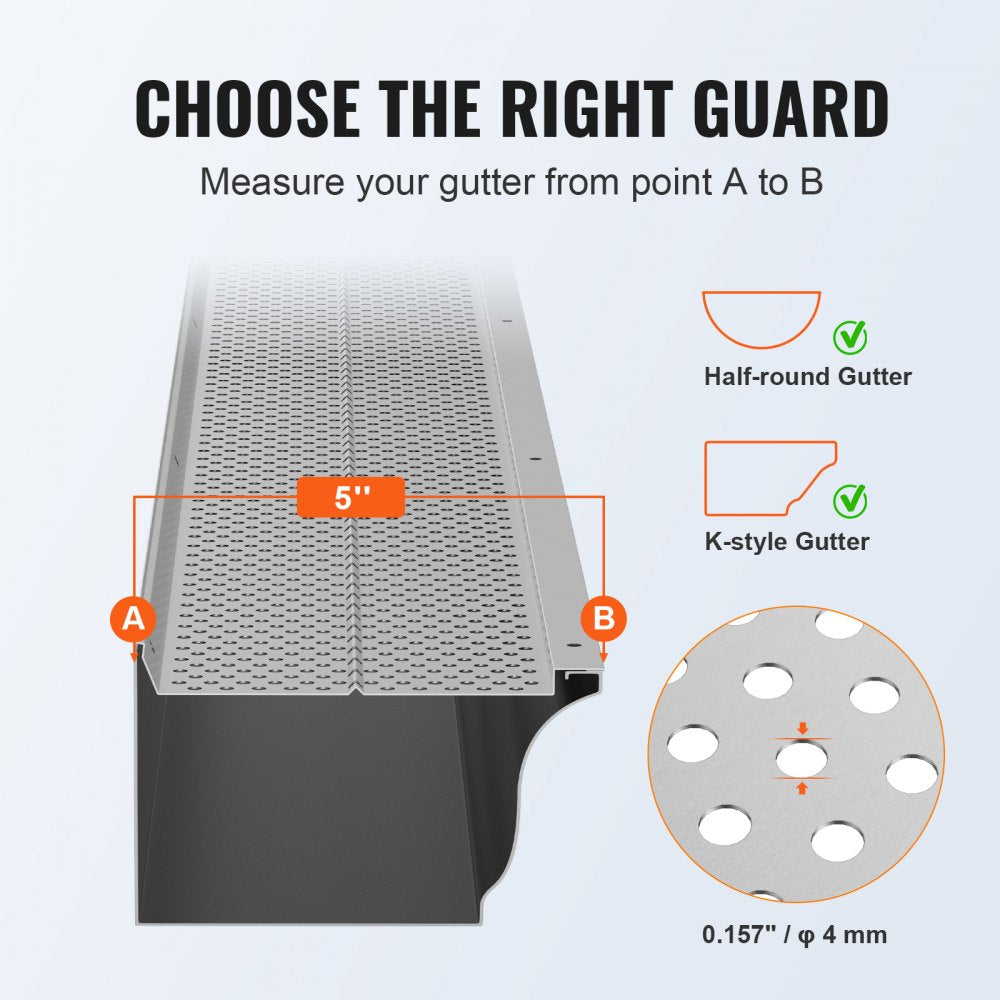 VEVOR Gutter Guard, 5 inch Width, Aluminum Leaf Filter DIY Gutter Cover, 13 PCS 52 ft Total Length, 0.157'' Hole Diameter & 0.02'' Thick Gutter Guards Fits Any Roof or Gutter Type