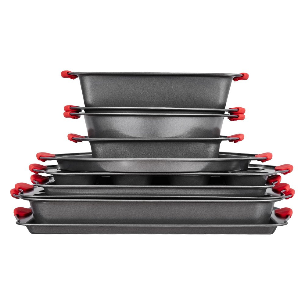 VEVOR Baking Pans Set, 10-Piece, Nonstick Carbon Steel Cookware Sheets & Trays, Stackable Kitchen Oven Bakeware Cooking Sets with Silicone Handles, Easy to Clean, for Baking Cookie Cake Muffin Bread