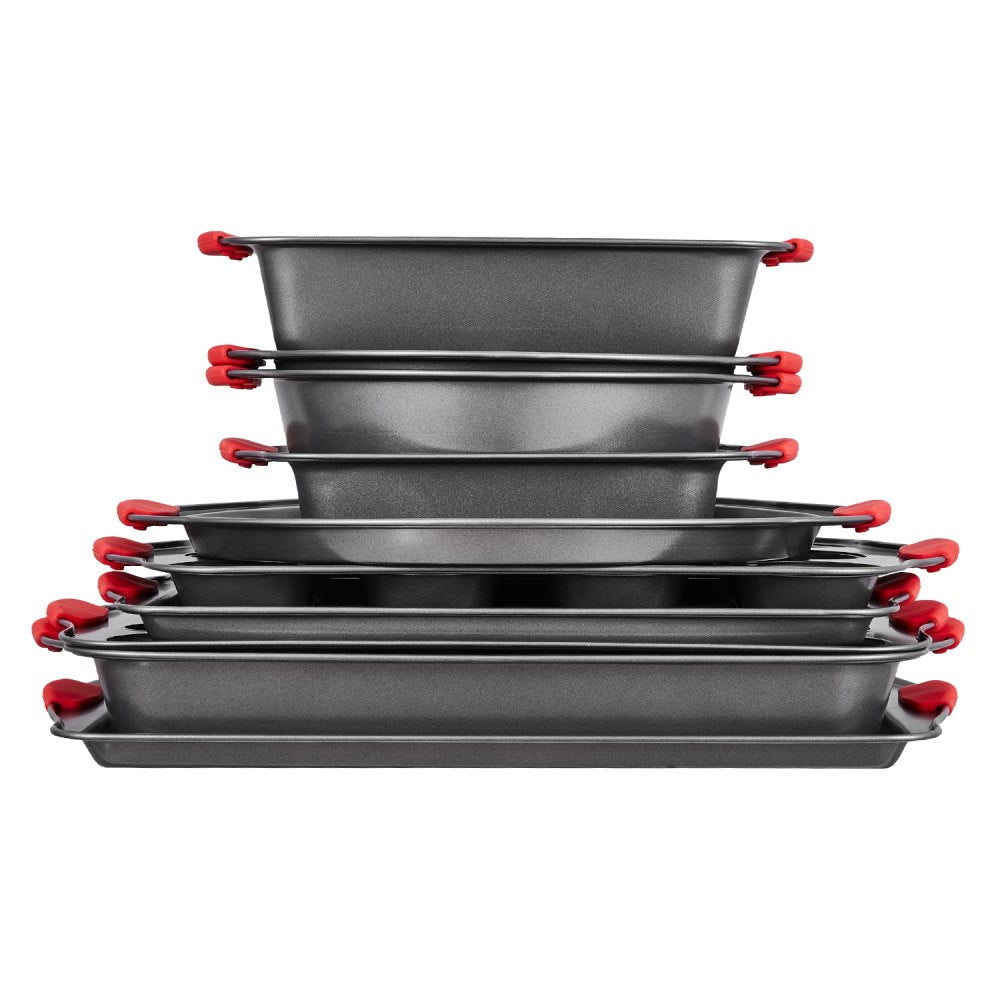 VEVOR Baking Pans Set, 10-Piece, Nonstick Carbon Steel Cookware Sheets & Trays, Stackable Kitchen Oven Bakeware Cooking Sets with Silicone Handles, Easy to Clean, for Baking Cookie Cake Muffin Bread