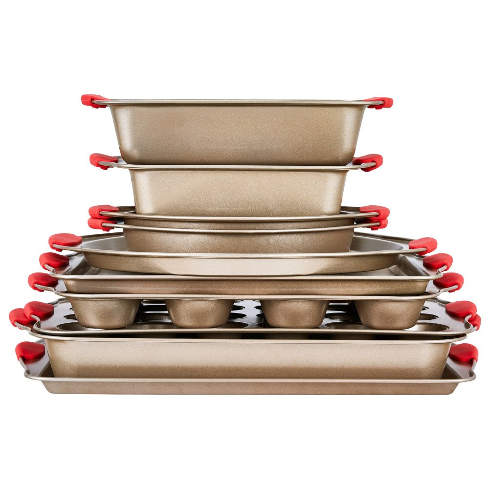 VEVOR Baking Pans Set, 10-Piece, Nonstick Carbon Steel Cookware Sheets & Trays, Stackable Kitchen Oven Bakeware Cooking Sets with Silicone Handles, Easy to Clean, for Baking Cookie Cake Muffin Bread