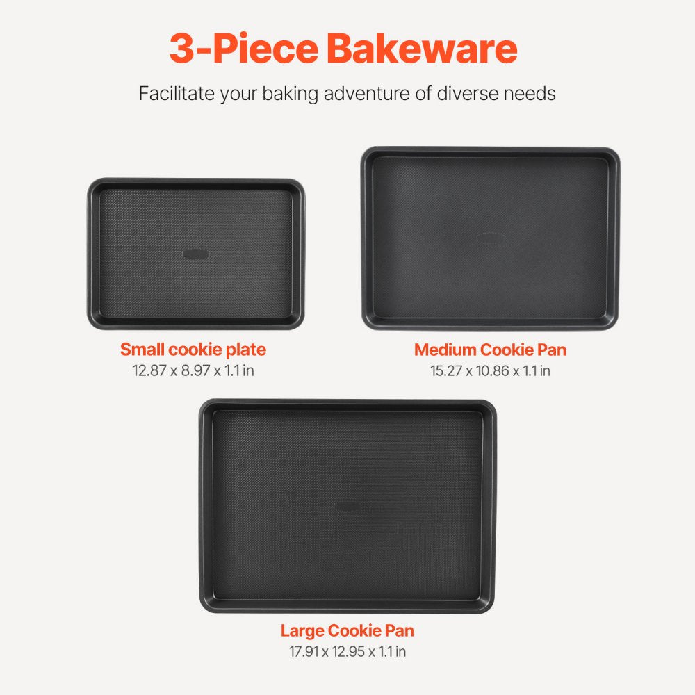 VEVOR Baking Pans Set, 3-Piece, Nonstick Carbon Steel Cookware Sheets & Trays, Stackable Kitchen Oven Bakeware Cooking Sets with Silicone Handles, Easy to Clean, for Baking Cookie Cake Muffin Bread