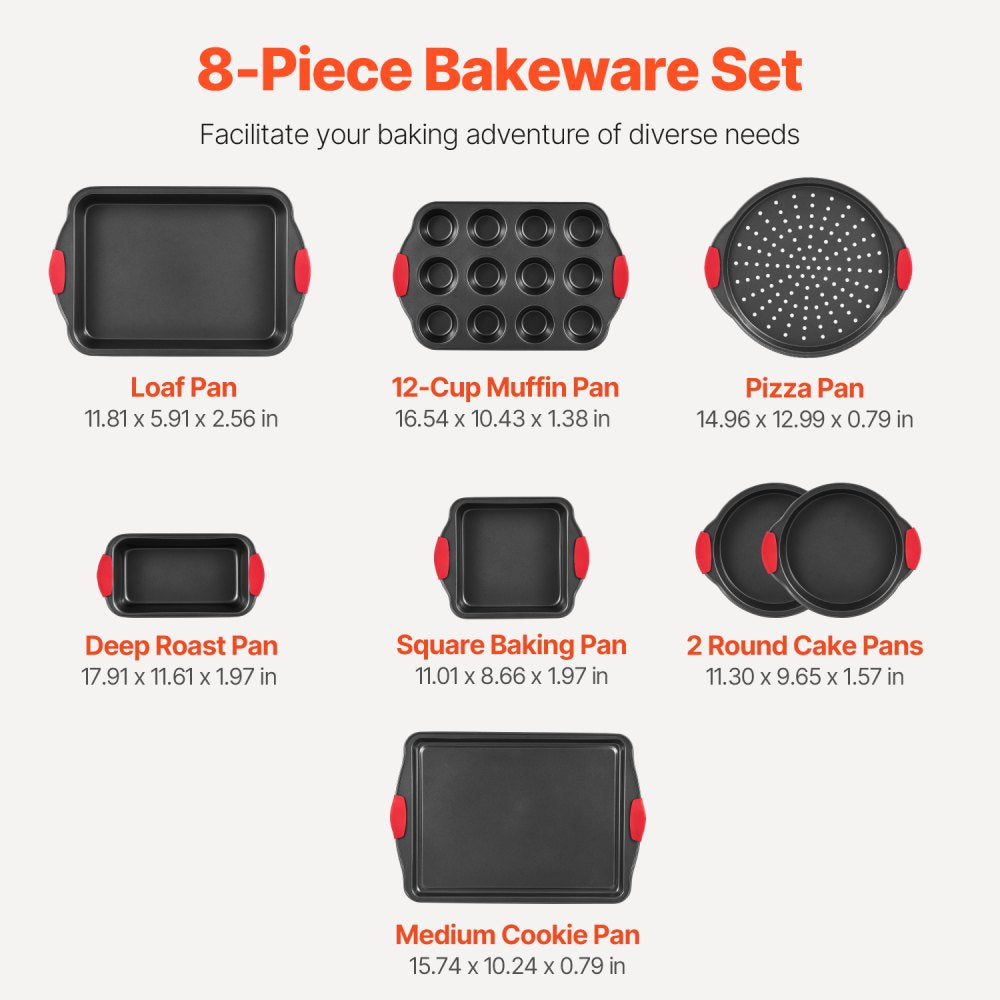 VEVOR Baking Pans Set, 8-Piece, Nonstick Carbon Steel Cookware Sheets & Trays, Stackable Kitchen Oven Bakeware Cooking Sets with Silicone Handles, Easy to Clean, for Baking Cookie Cake Muffin Bread