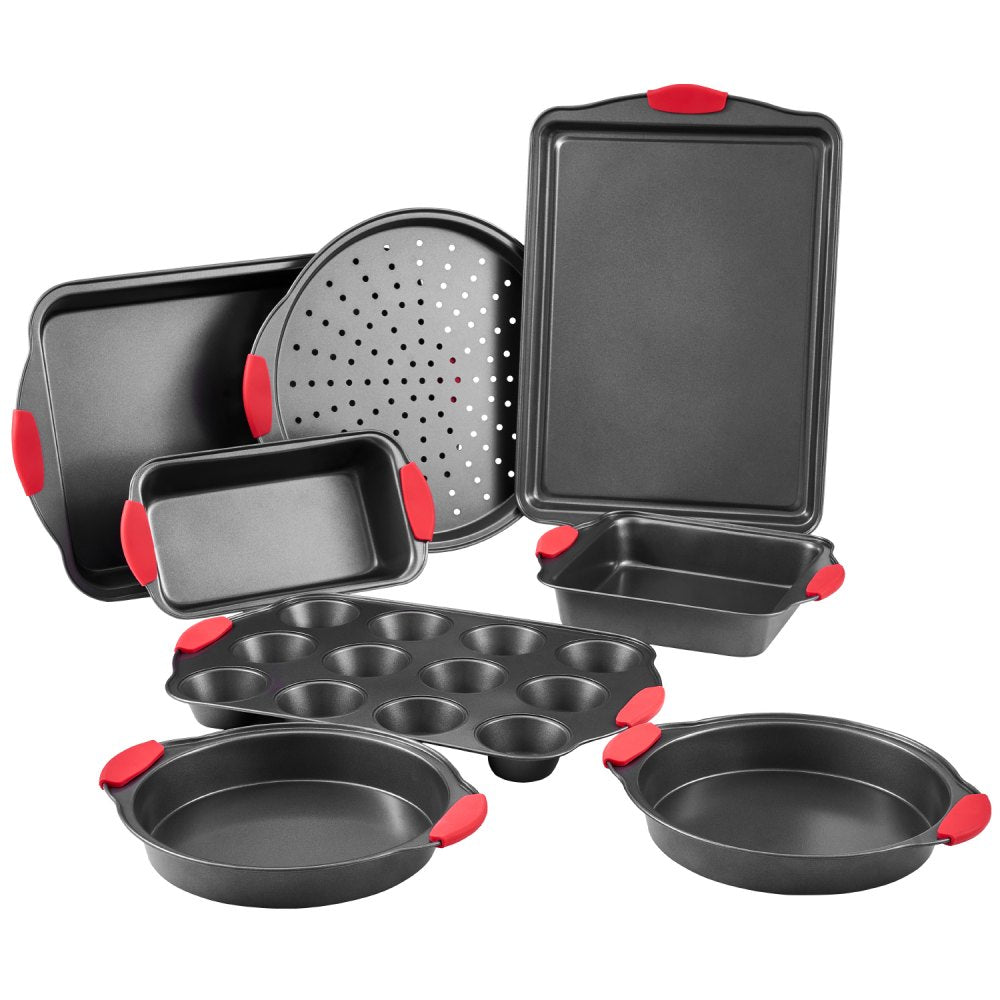 VEVOR Baking Pans Set, 8-Piece, Nonstick Carbon Steel Cookware Sheets & Trays, Stackable Kitchen Oven Bakeware Cooking Sets with Silicone Handles, Easy to Clean, for Baking Cookie Cake Muffin Bread