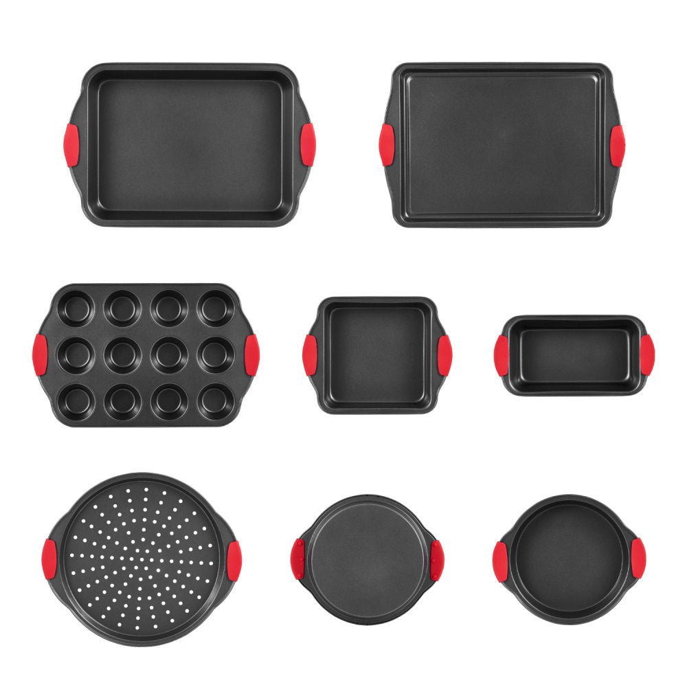 VEVOR Baking Pans Set, 8-Piece, Nonstick Carbon Steel Cookware Sheets & Trays, Stackable Kitchen Oven Bakeware Cooking Sets with Silicone Handles, Easy to Clean, for Baking Cookie Cake Muffin Bread