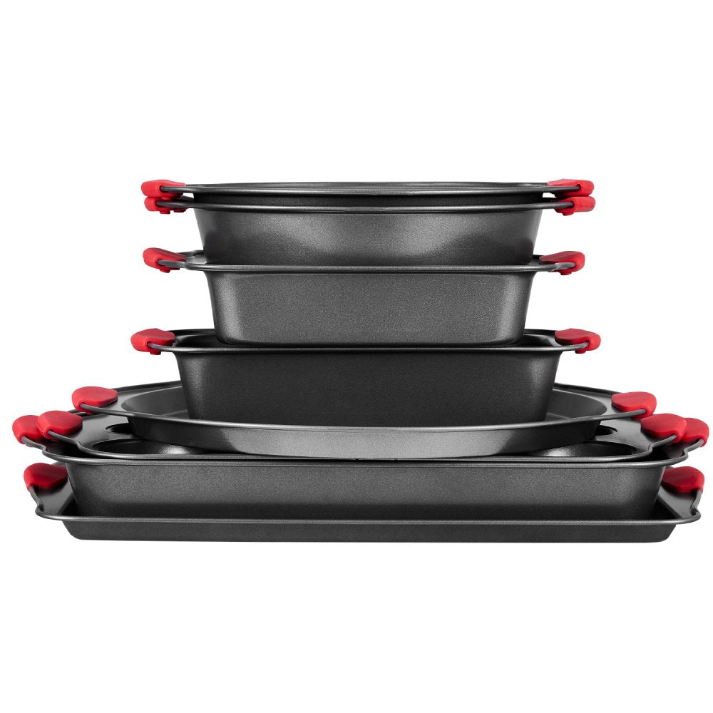 VEVOR Baking Pans Set, 8-Piece, Nonstick Carbon Steel Cookware Sheets & Trays, Stackable Kitchen Oven Bakeware Cooking Sets with Silicone Handles, Easy to Clean, for Baking Cookie Cake Muffin Bread
