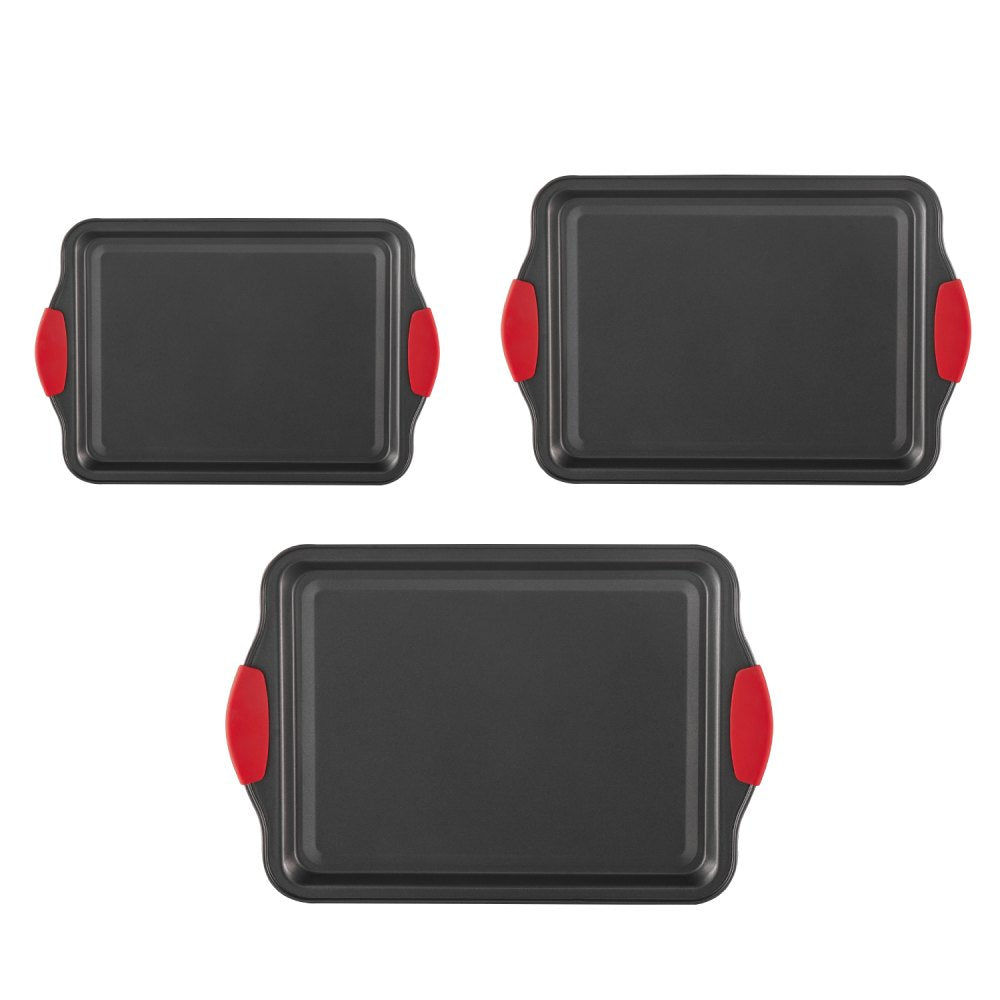 VEVOR Baking Pans Set, 3-Piece, Nonstick Carbon Steel Cookware Sheets & Trays, Stackable Kitchen Oven Bakeware Cooking Sets with Silicone Handles, Easy to Clean, for Baking Cookie Cake Muffin Bread