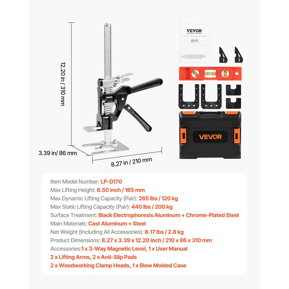 VEVOR Labor Saving Arm Jack, 2 PCS 440 lbs Bearing Capacity, Lifting up to 6.5", Metal Hand Lifting Jack Tool with Magnetic Level, 2 Adjustment Modes, for Door, Window, Furniture, Woodworking, Black