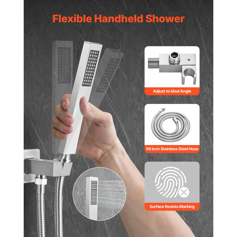 VEVOR Shower Faucet Set, Rainfall Bathroom Shower System with 12-Inch Square Rain Shower Head and Handheld Spray, Ceiling Mount Bath Fixtures with Brass Valve and Trim Kit, Brushed Nickel