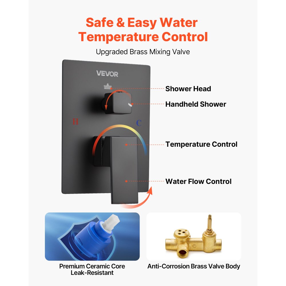 VEVOR Shower Faucet Set, Rainfall Bathroom Shower System with 10-Inch Square Rain Shower Head and Handheld Spray, Ceiling Mount Bath Fixtures with Brass Valve and Trim Kit, Matte Black