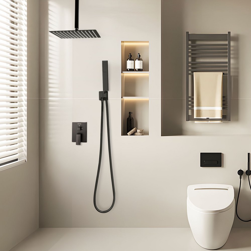 VEVOR Shower Faucet Set, Rainfall Bathroom Shower System with 10-Inch Square Rain Shower Head and Handheld Spray, Ceiling Mount Bath Fixtures with Brass Valve and Trim Kit, Matte Black