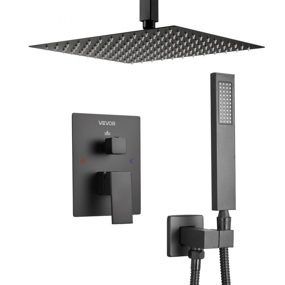 VEVOR Shower Faucet Set, Rainfall Bathroom Shower System with 10-Inch Square Rain Shower Head and Handheld Spray, Ceiling Mount Bath Fixtures with Brass Valve and Trim Kit, Matte Black