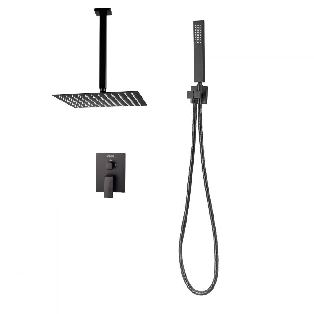 VEVOR Shower Faucet Set, Rainfall Bathroom Shower System with 10-Inch Square Rain Shower Head and Handheld Spray, Ceiling Mount Bath Fixtures with Brass Valve and Trim Kit, Matte Black