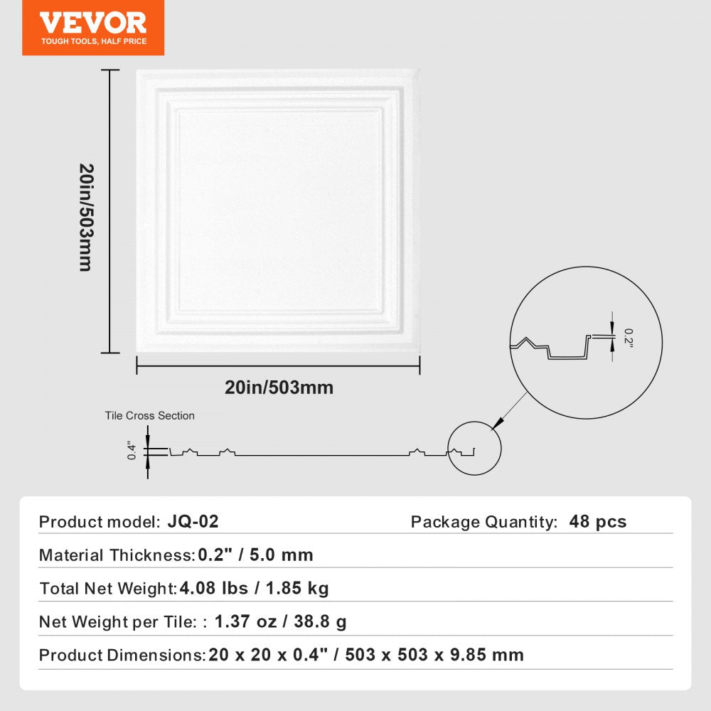VEVOR Ceiling Tiles, 48-Pack 20 x 20 in, Drop Ceiling Tiles Premium Polystyrene Sheet, Easy Installation/ Cutting Plastic Glue-up Ceiling Tile, Basement Ceiling Covering for Home/Office Decoration