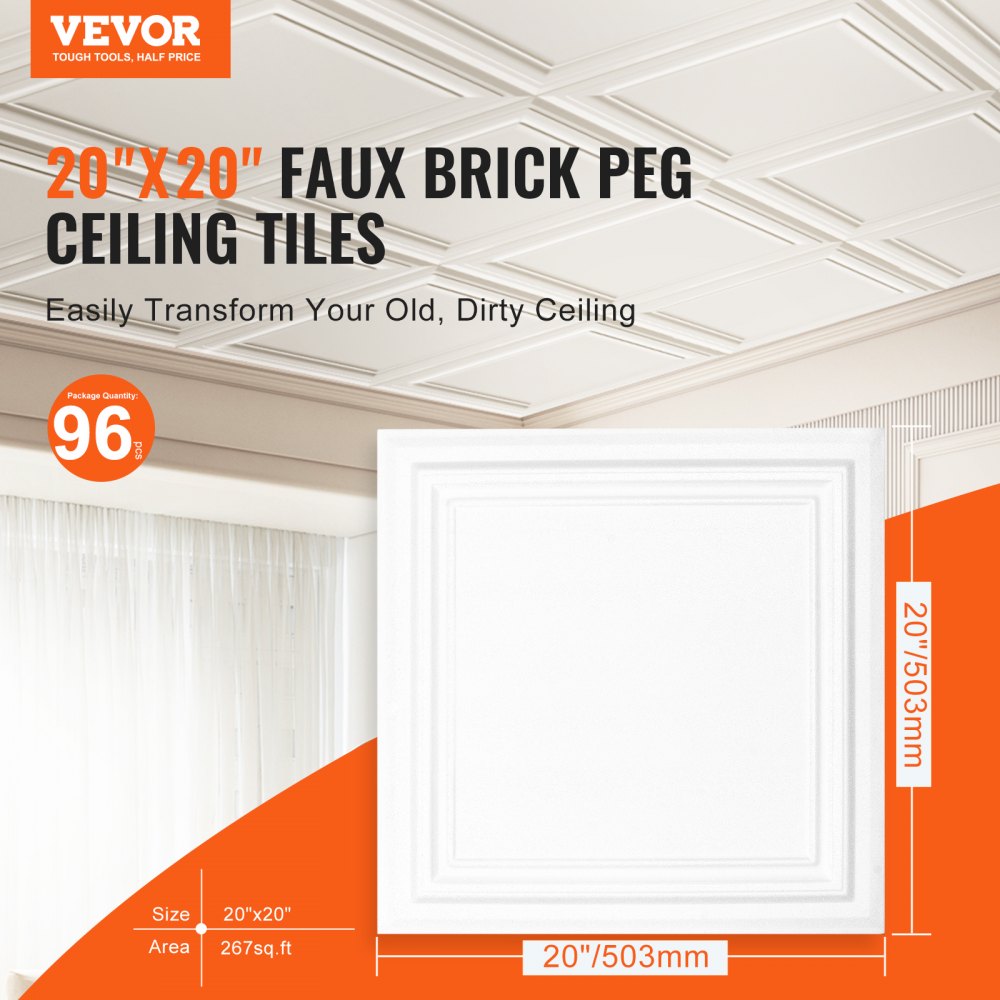 VEVOR Ceiling Tiles, 96-Pack 20 x 20 in, Drop Ceiling Tiles Premium Polystyrene Sheet, Easy Installation/ Cutting Plastic Glue-up Ceiling Tile, Basement Ceiling Covering for Home/Office Decoration