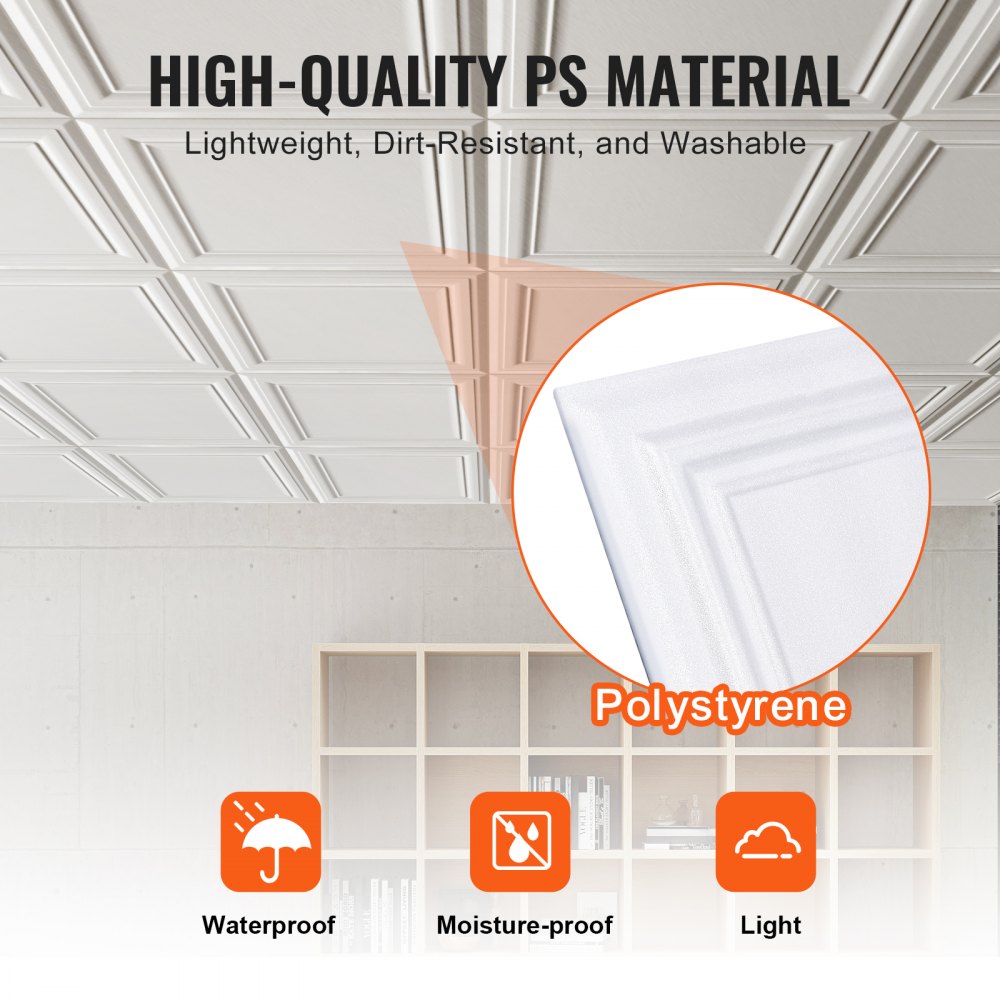 VEVOR Ceiling Tiles, 96-Pack 20 x 20 in, Drop Ceiling Tiles Premium Polystyrene Sheet, Easy Installation/ Cutting Plastic Glue-up Ceiling Tile, Basement Ceiling Covering for Home/Office Decoration