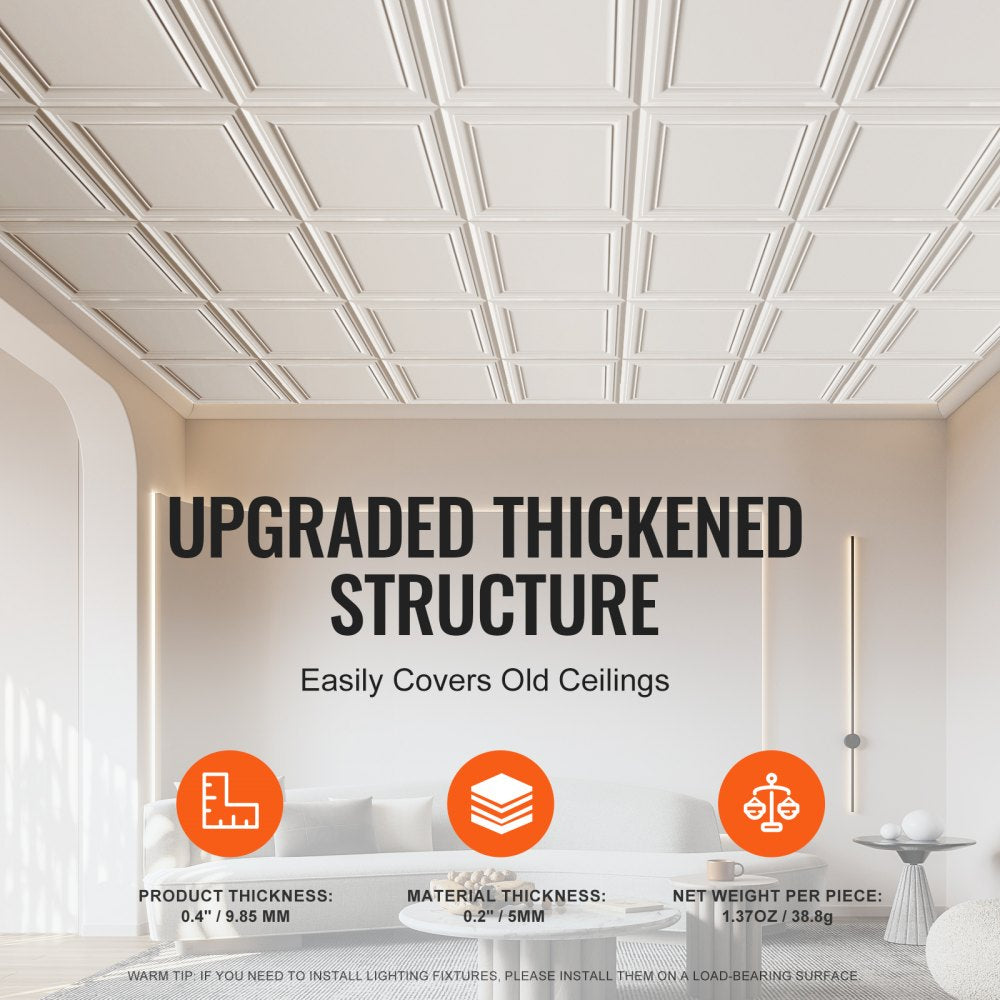 VEVOR Ceiling Tiles, 96-Pack 20 x 20 in, Drop Ceiling Tiles Premium Polystyrene Sheet, Easy Installation/ Cutting Plastic Glue-up Ceiling Tile, Basement Ceiling Covering for Home/Office Decoration