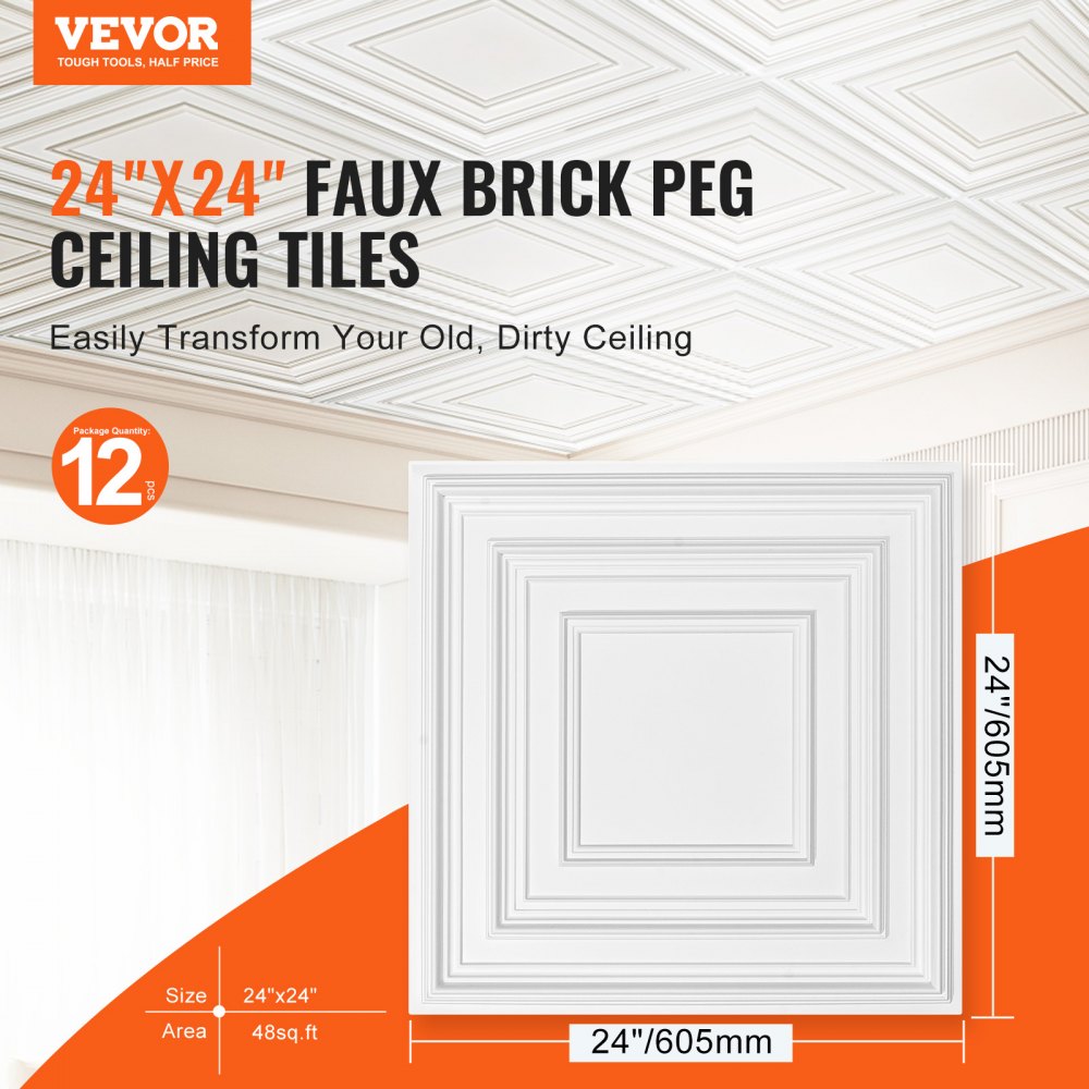 VEVOR Ceiling Tiles, 12-Pack 24 x 24 in, Drop Ceiling Tiles Premium PVC Sheet, Easy Installation/ Cutting Plastic Glue-up Ceiling Tile, Ceiling Covering for Home/Office Decoration, White Peg Pattern
